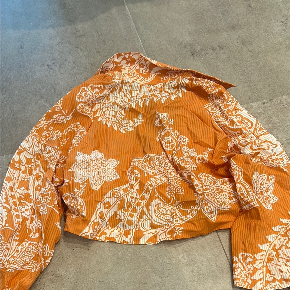 Vibrant Orange Crop Blouse with Plunge V-Neck and Long Sleeves - Picture 3 of 4